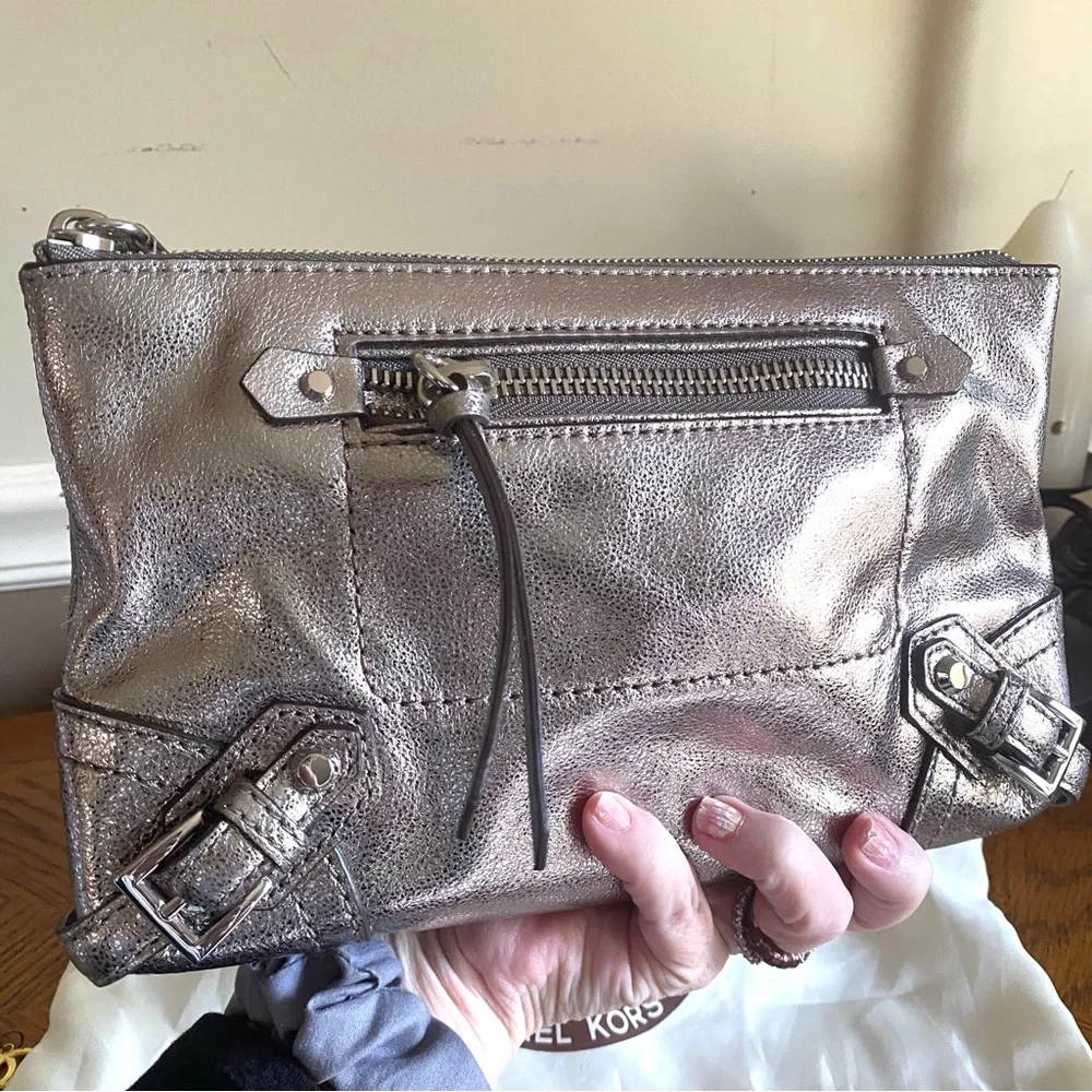 Michael Kors Fallon Metallic gray leather Wristlet Clutch with dust bag NWOT